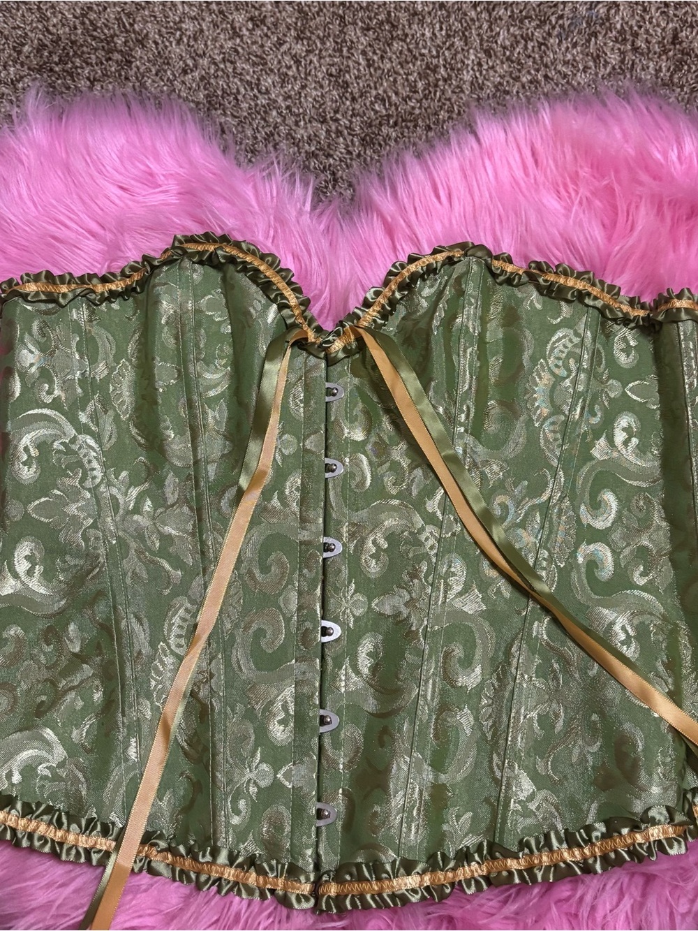 Olive Green Brocade Underbust Corset with Gold Trim 2XL